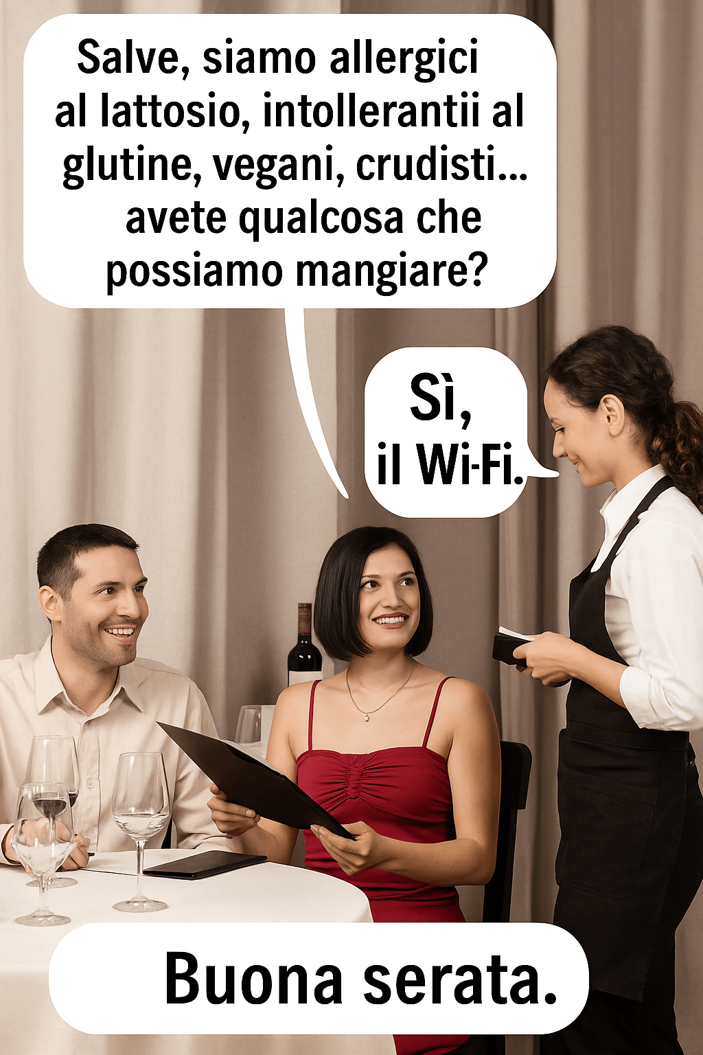 Ristoranti nel panico: coppia chiede piatti senza glutine, lattosio, uova, carne e pesce. Servita una&nbsp;password.