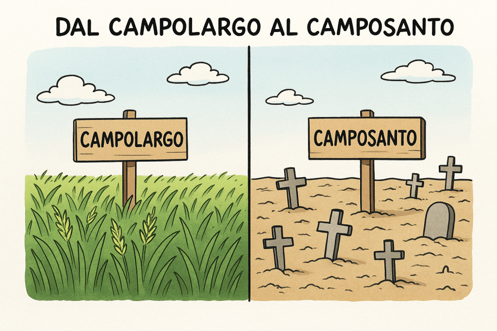 «Dal sogno del campo largo al funerale delle promesse: quando la politica preferisce litigare sul recinto invece che seminare. Una satira sul destino dei progetti che nascono come alleanze e finiscono come camposanti.»