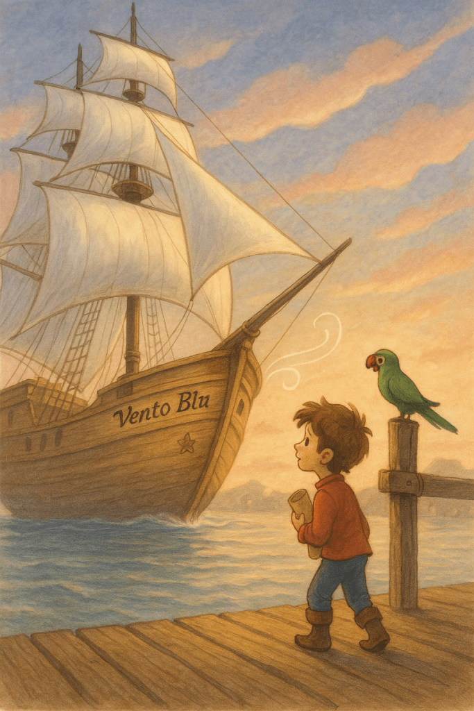 Jim non aveva mai visto nulla di così grande e affascinante.
Davanti a lui, il Vento Blu cantava con le sue vele gonfiate dall’alba, come se il mare stesso gli stesse dando il benvenuto.
Con una mappa stretta al petto e il cuore che batteva forte, Jim capì che quella non sarebbe stata una giornata qualunque…
ma l’inizio della sua avventura più grande.