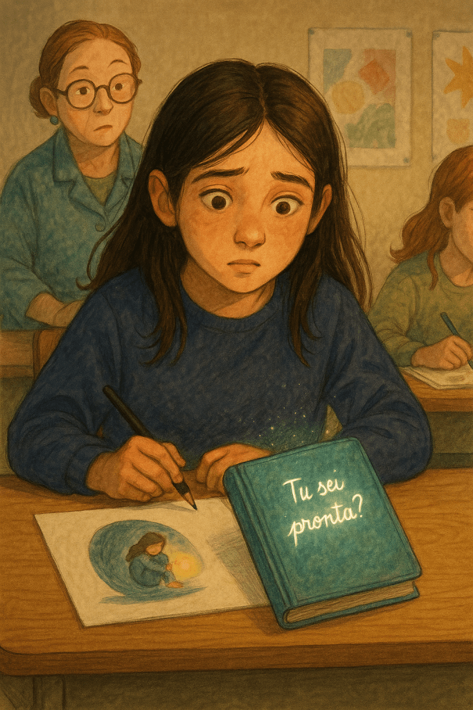 Durante l’ora di arte, Luna scopre che anche le emozioni possono avere un colore.
Ma mentre cerca di trasformare le sue paure in disegno, il quaderno misterioso si muove… e le scrive davanti agli occhi una frase che sembra conoscere il suo cuore meglio di lei.

La professoressa Silvestri nota qualcosa, ma non si sorprende: come se sapesse già che quel quaderno non è normale.

E quando una domanda luminosa appare sulla pagina — «Tu sei pronta?» — Luna capisce che la magia non si fermerà.
Anzi… sta chiamando proprio lei. ✨